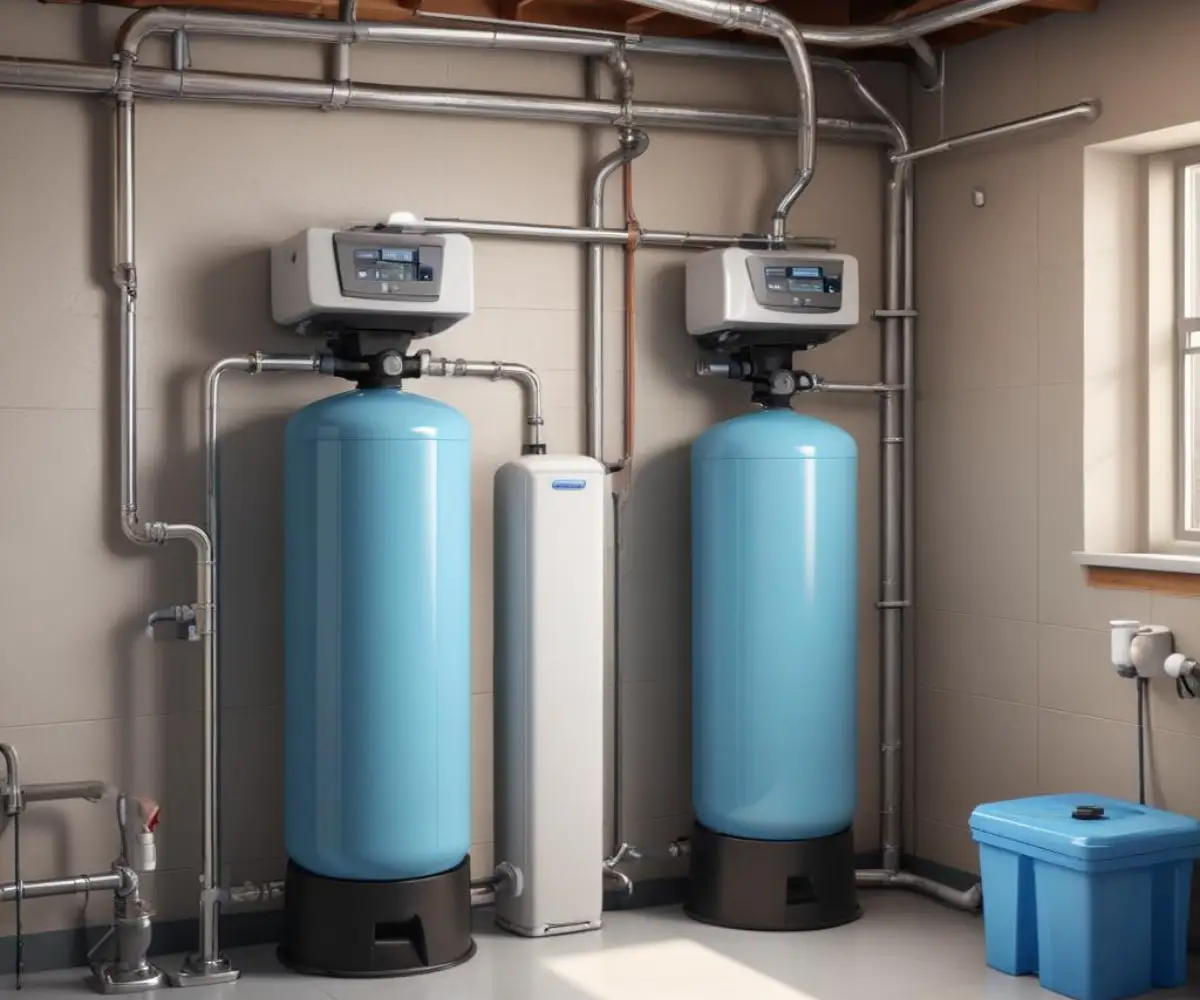 Two different water softener systems installed side-by-side in a basement utility room.