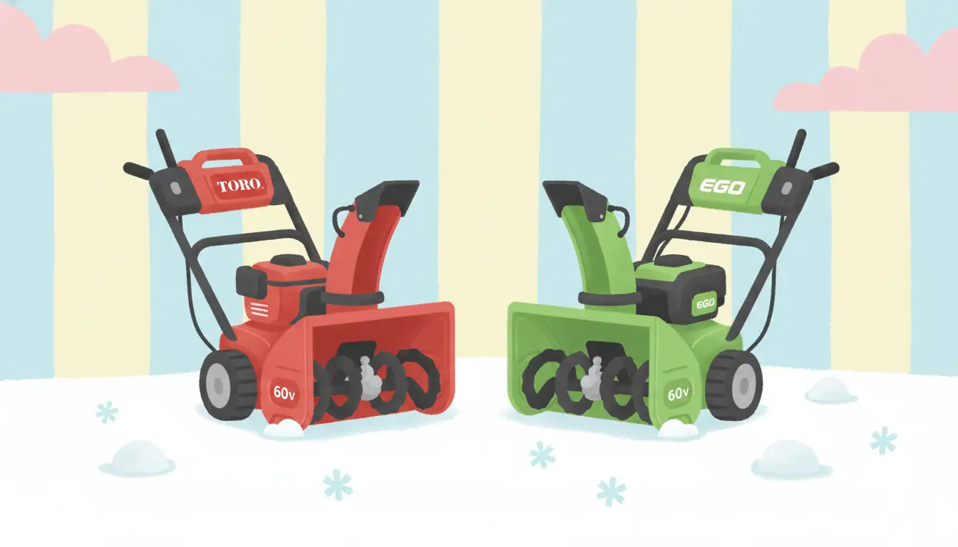 A red Toro 60v snow blower parked next to a green and black EGO 60v snow blower on a snowy driveway.
