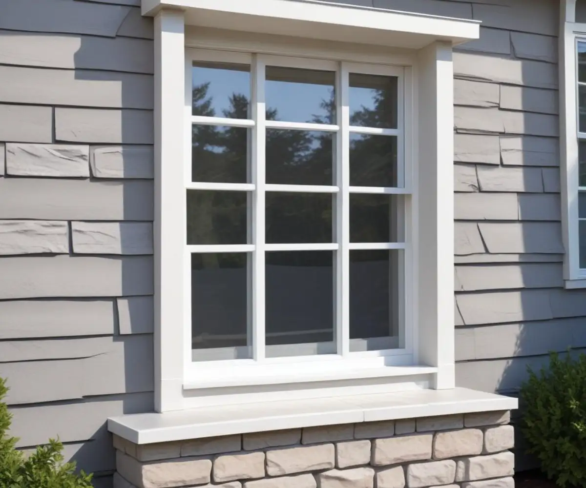 A modern, white vinyl egress window with a tiered, stone window well installed on the front of a house with gray siding.