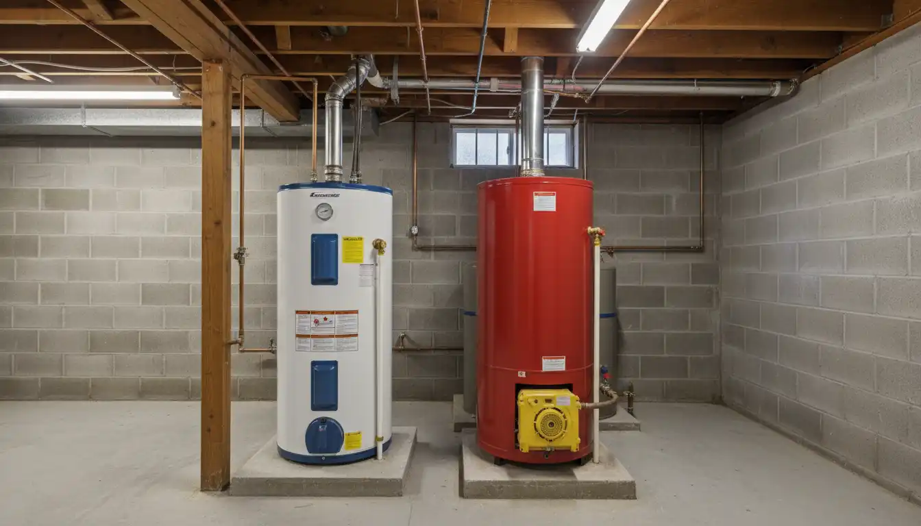A residential electric water heater and an oil-fired water heater side by side in a basement setting.