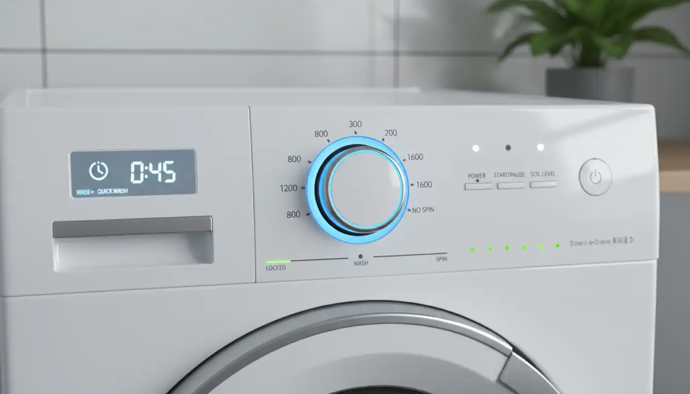 Control panel of a modern white washing machine with the spin cycle dial illuminated.
