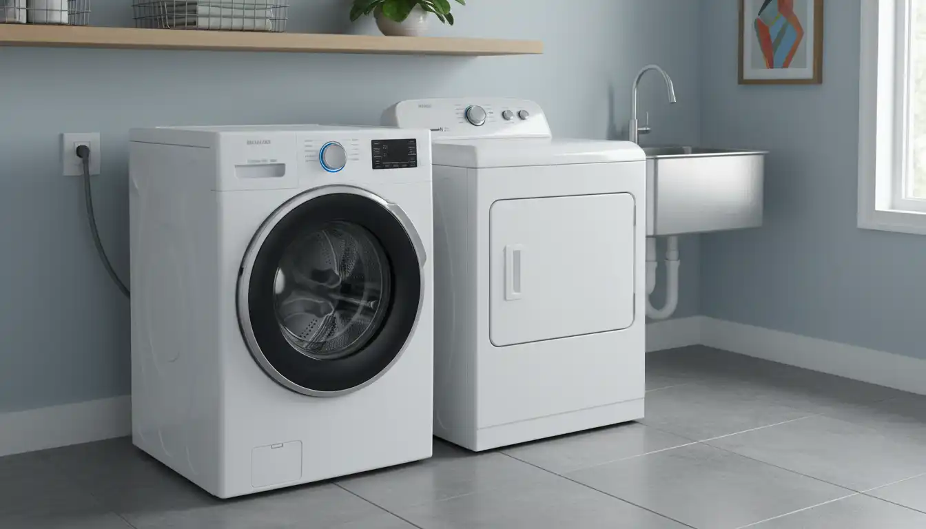 A sleek, modern front-load washing machine next to a durable, classic top-load washing machine in a bright laundry room.