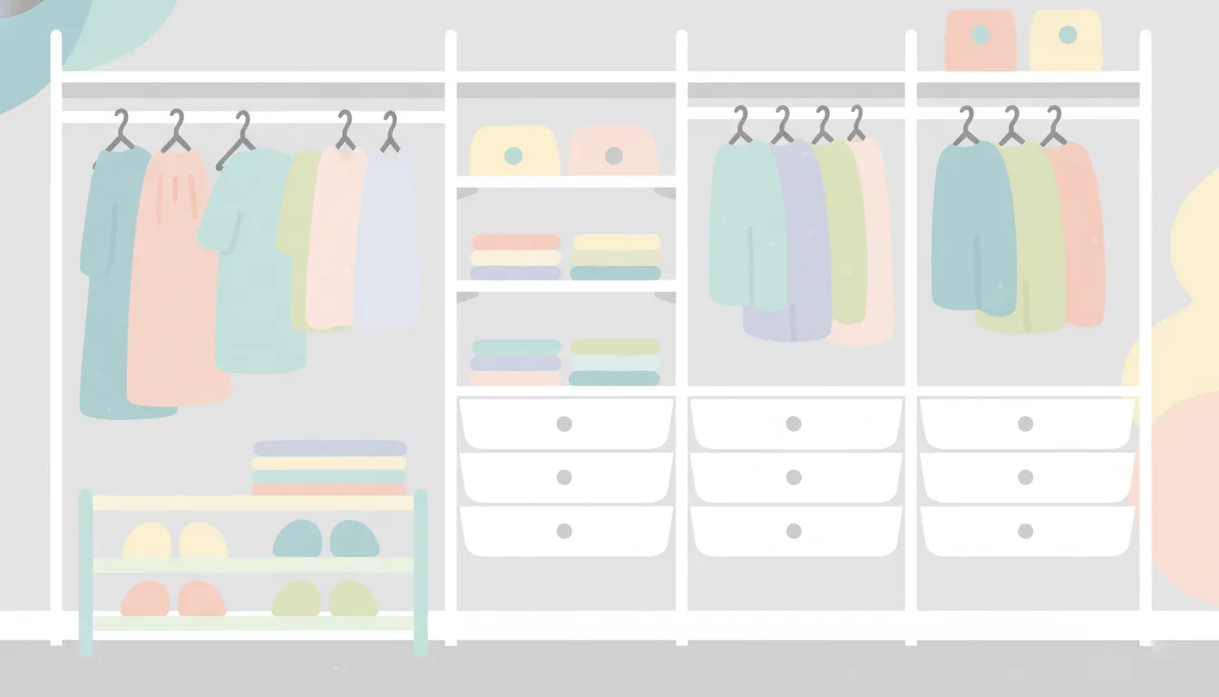 A well-organized walk-in closet featuring white wire modular shelving, drawers, and hanging rods on a light gray wall.