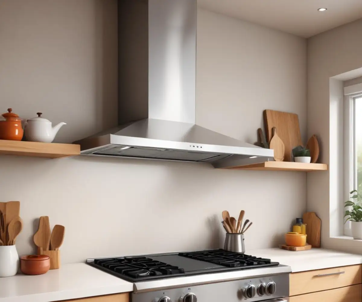 A modern stainless steel Elica range hood mounted above a kitchen stove.