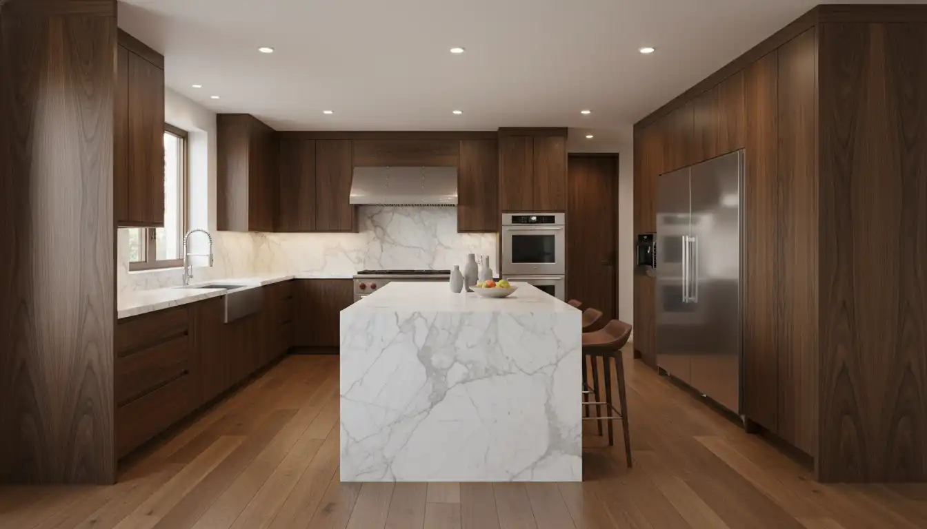 A luxury kitchen featuring dark brown Elmwood custom cabinets, a white marble island, and stainless steel appliances.