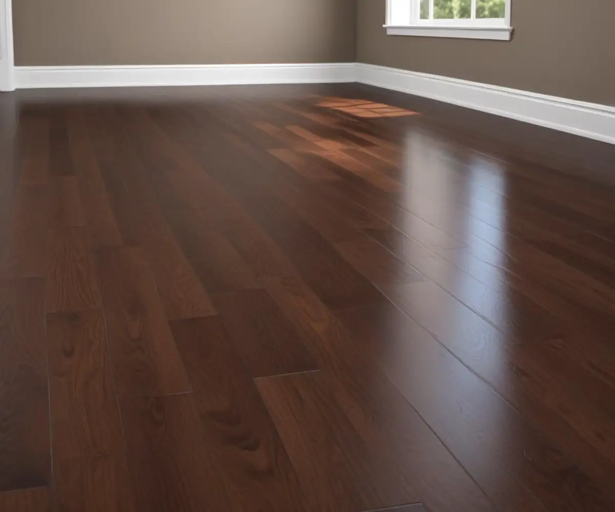 Newly installed dark hardwood flooring reflecting light in a room with white baseboards.