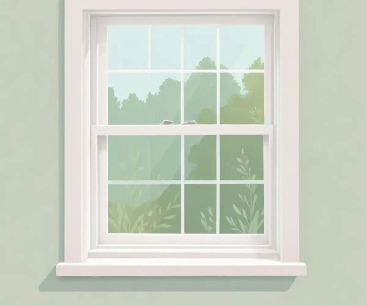 A white vinyl double-hung window with energy-efficient glass panes, viewed from the interior of a room.