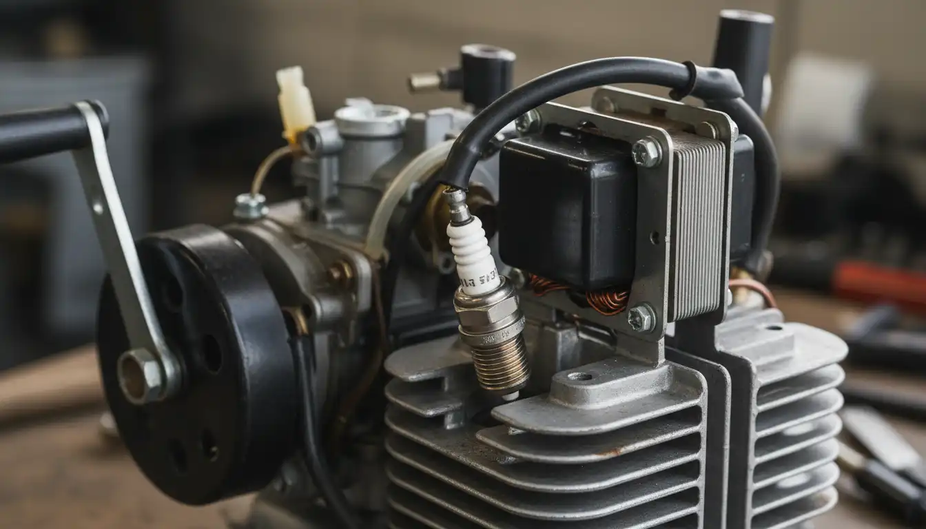 A close-up of a small engine showing the spark plug and ignition coil.