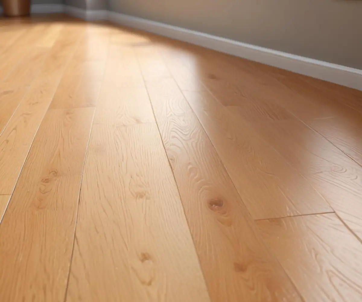 Close-up of a textured, light oak engineered wood floor plank.