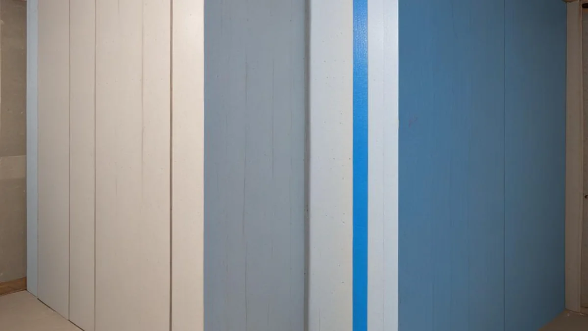 Side-by-side comparison of white EPS and blue XPS rigid foam insulation panels on a concrete basement wall.