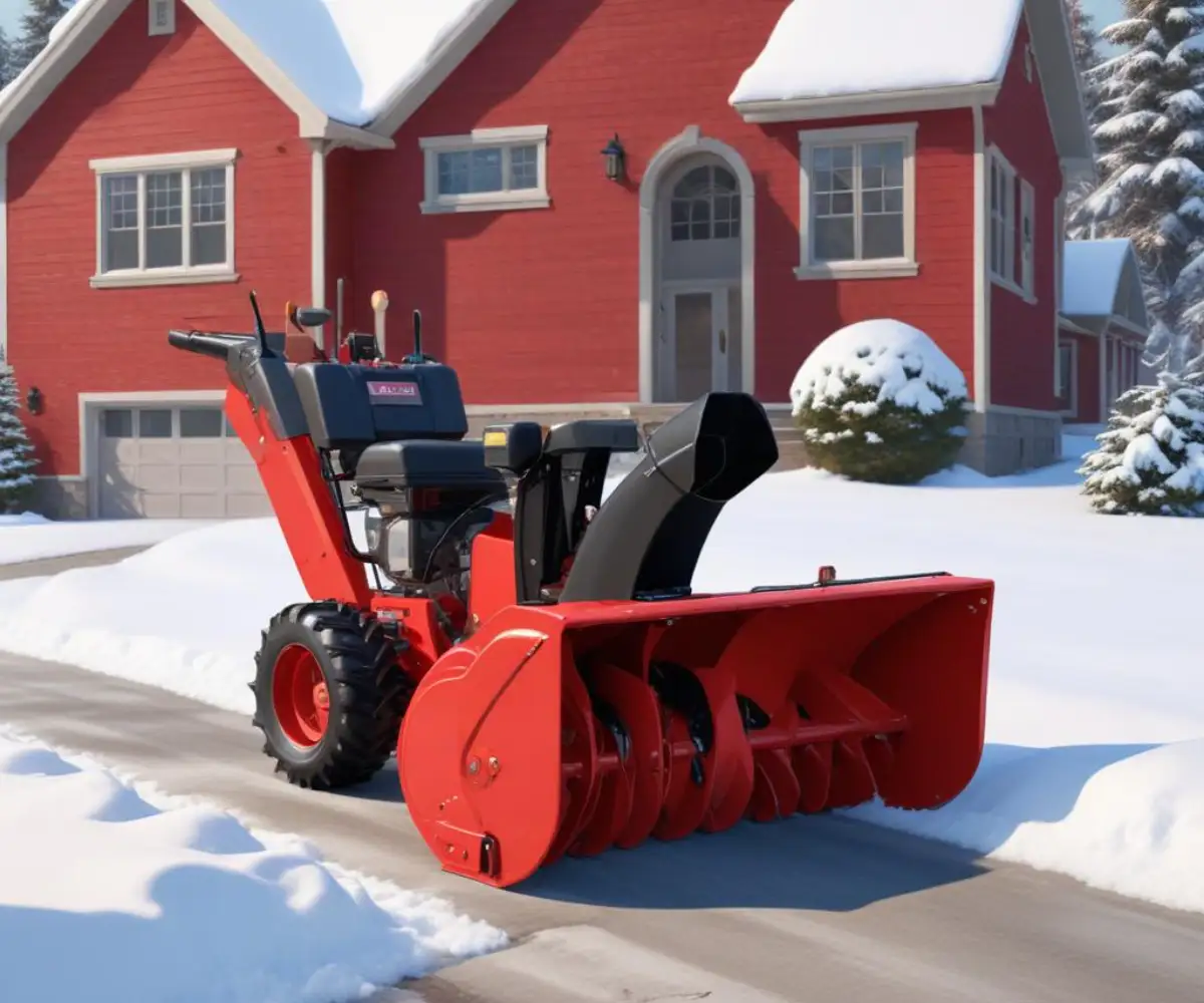 A large, red two-stage estate snow blower with a wide clearing path parked on a clean paved driveway.