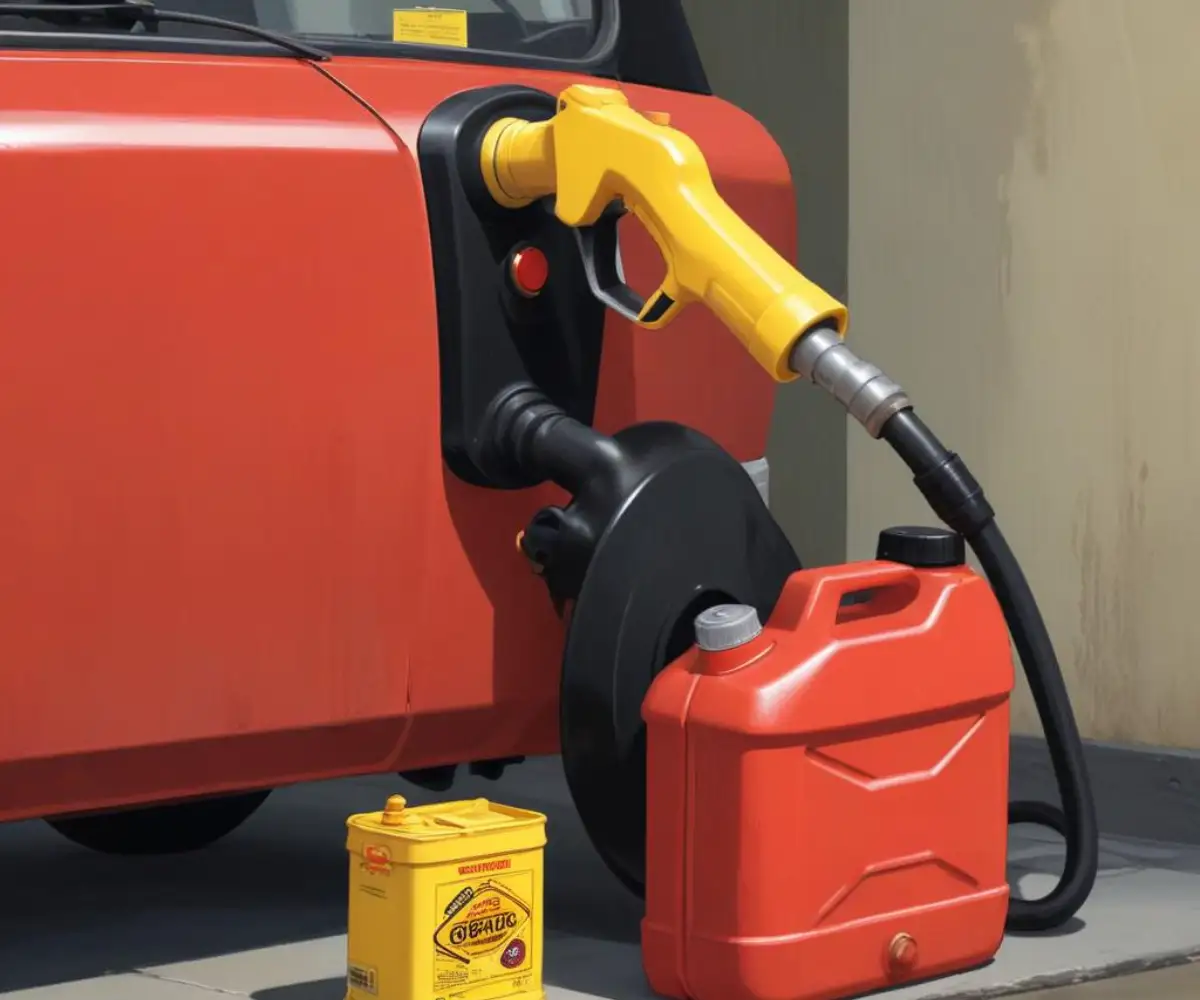 A red and black gas can with a yellow nozzle positioned to pour fuel into a pressure washer's gas tank.