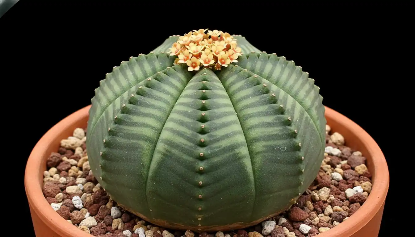 A spherical, green euphorbia obesa succulent with prominent vertical ridges in a simple ceramic pot.