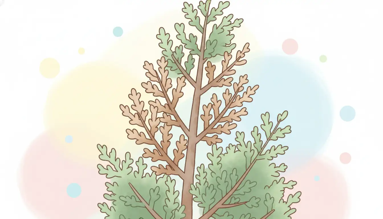 A close-up of a European cypress tree's foliage, showing some needles turning brown and dry while others remain green.