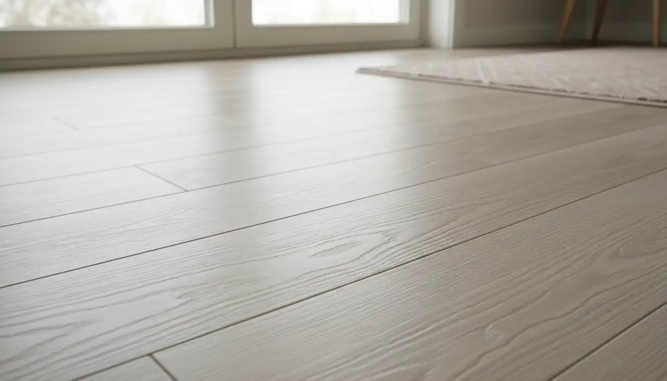 Light-colored luxury vinyl plank flooring with a textured wood grain finish.