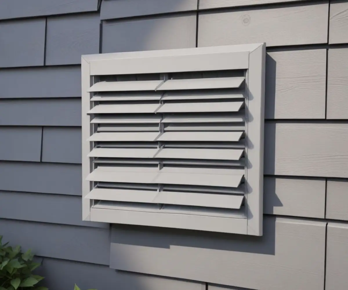 An exterior wall-mounted vent cover with plastic louvers partially opened against a backdrop of grey vinyl siding.