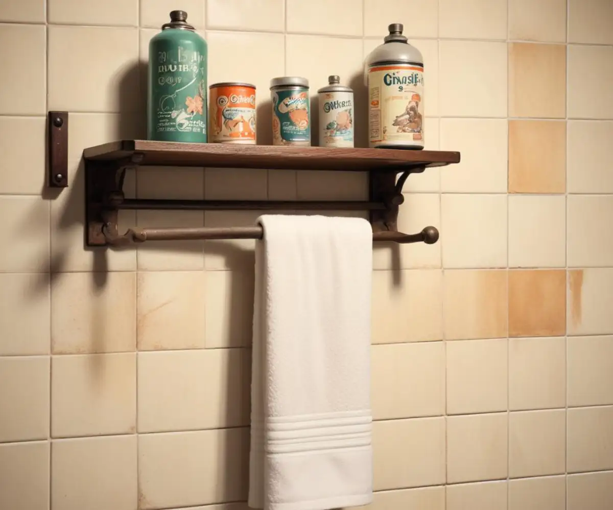 A loose metal towel rack on a tiled wall, with a can of expanding foam positioned nearby for a repair.