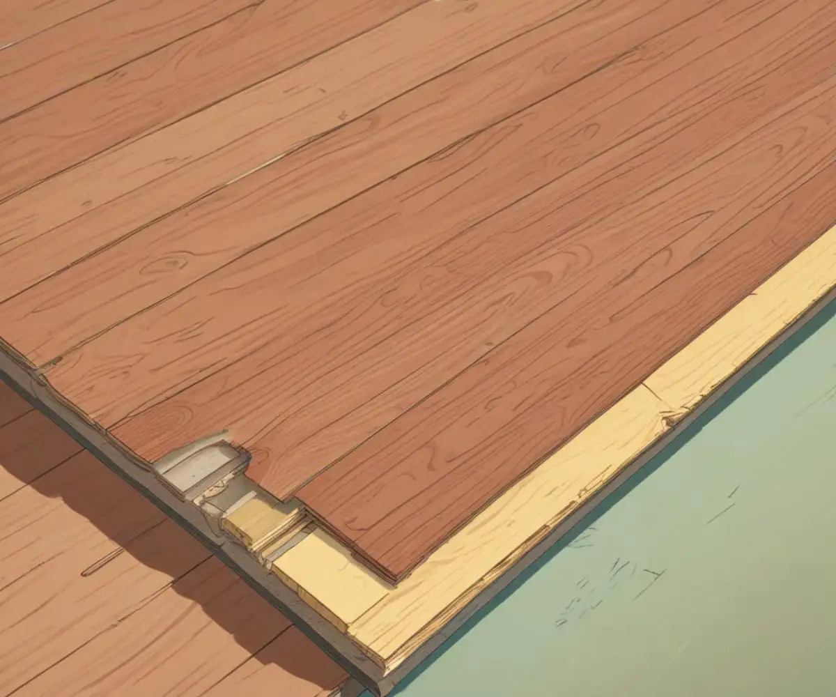 Cross-section of laminate flooring planks installed over a foam underlayment on a subfloor.