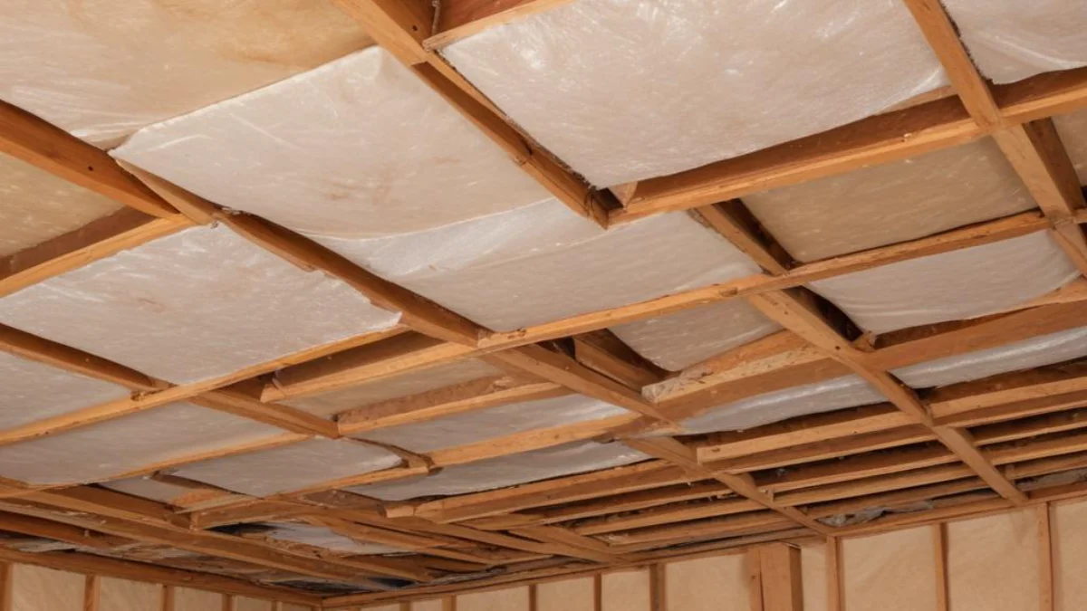 Exposed fiberglass batt insulation fitted between the wooden joists of a garage ceiling.