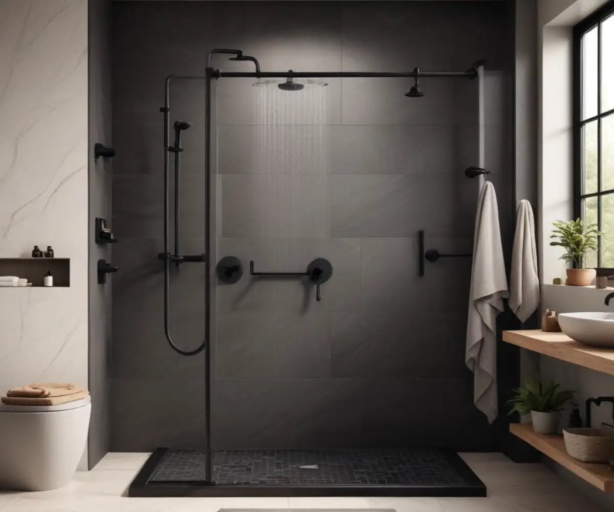 Matte black exposed pipe shower system mounted on a clear glass wall in a modern walk-in shower with minimalist tile.