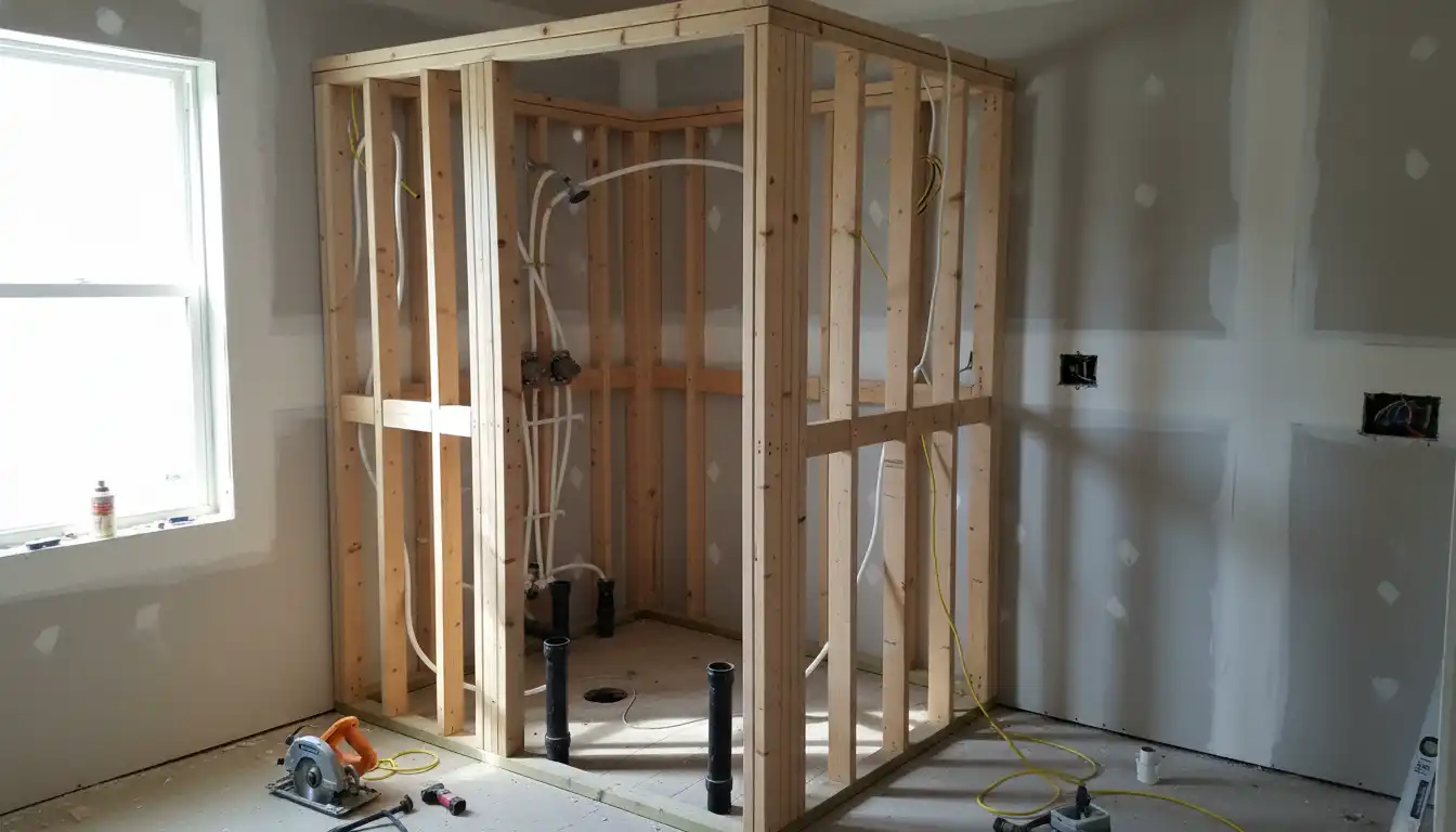 Framing and plumbing rough-in for a shower expansion in a bathroom under construction.