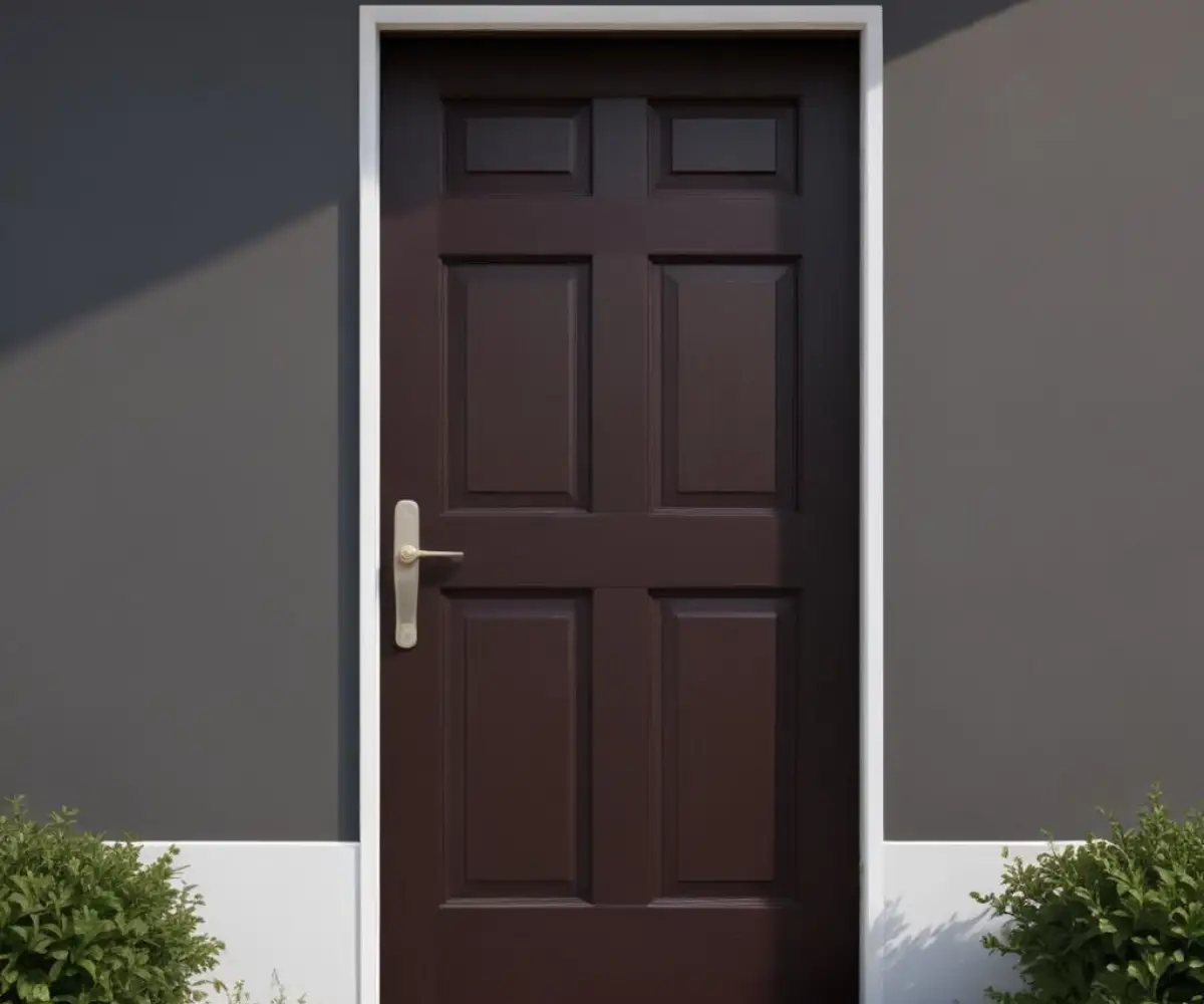 A close-up of a dark-colored exterior door showing a visible gap between the top of the door and the white frame, indicating it is out of plane.
