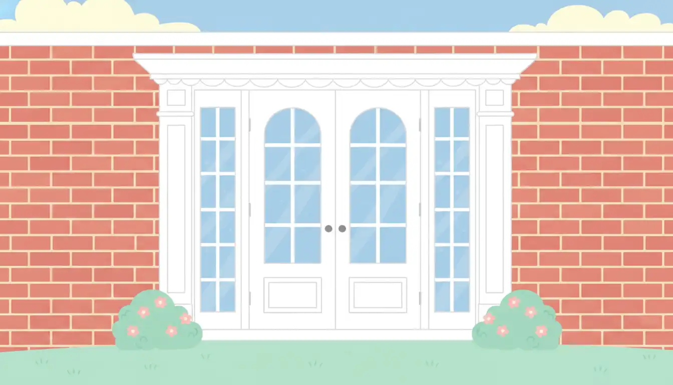 White exterior French doors with elegant white trim and sidelights, set into a classic brick wall.