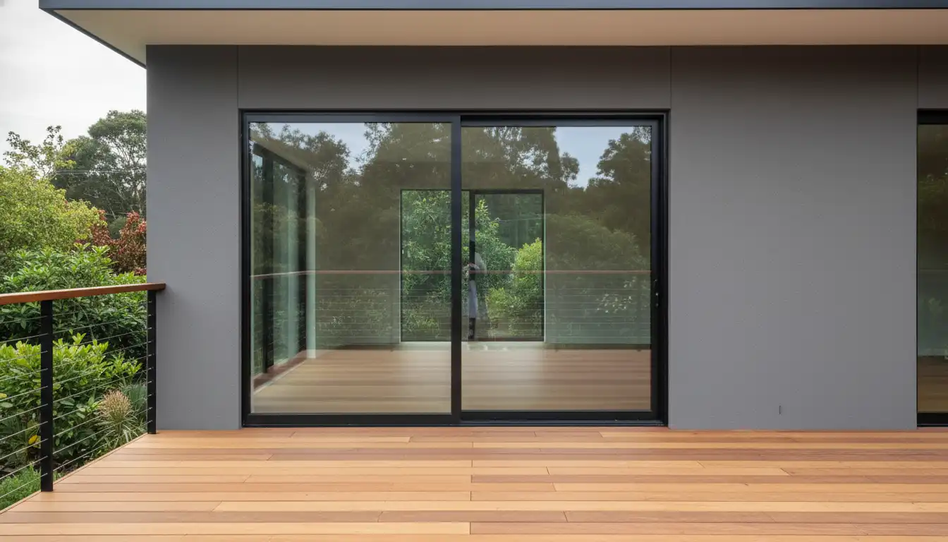A sleek, black-framed exterior sliding glass door set in a light gray wall, leading out to a wooden deck.