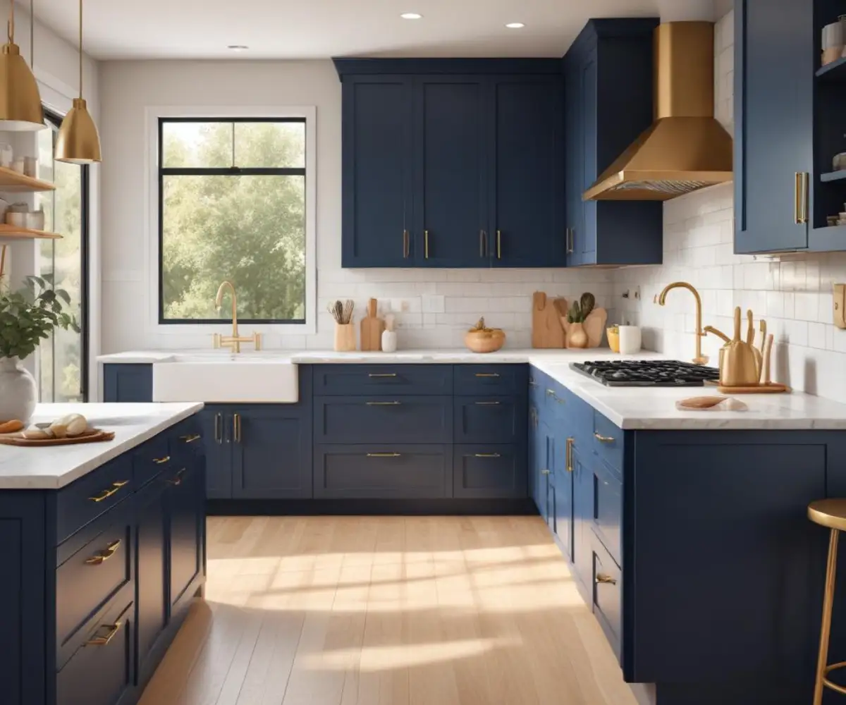 A modern kitchen featuring extra tall, dark blue shaker-style base cabinets paired with a white quartz countertop and gold hardware.