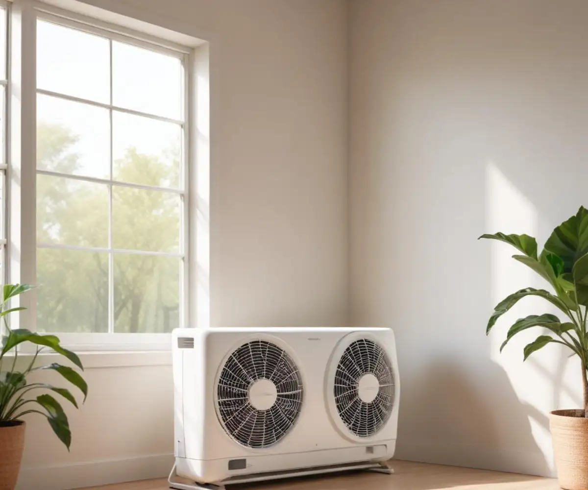 An extra wide, white, twin window fan with expandable side panels, viewed from the front.