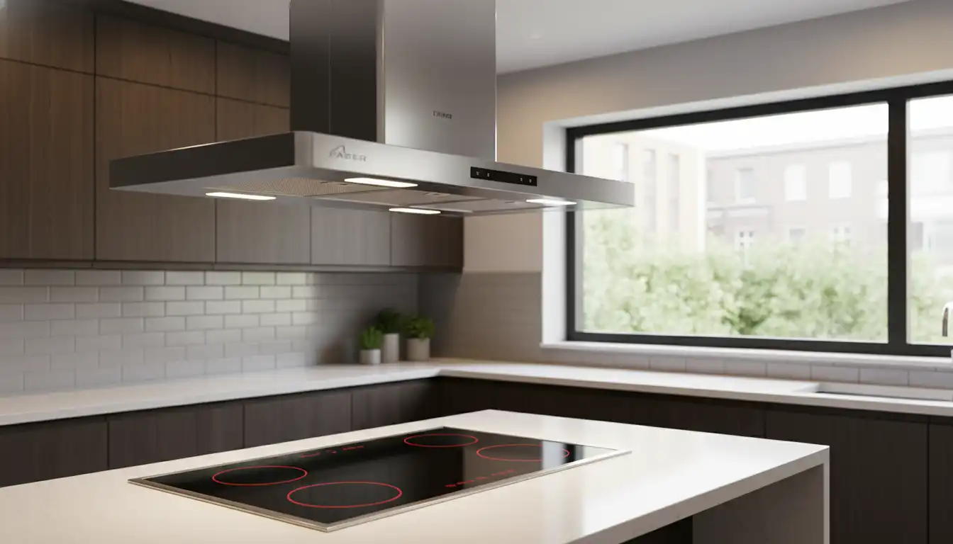 A sleeker, stainless steel Faber range hood mounted above a modern kitchen stove