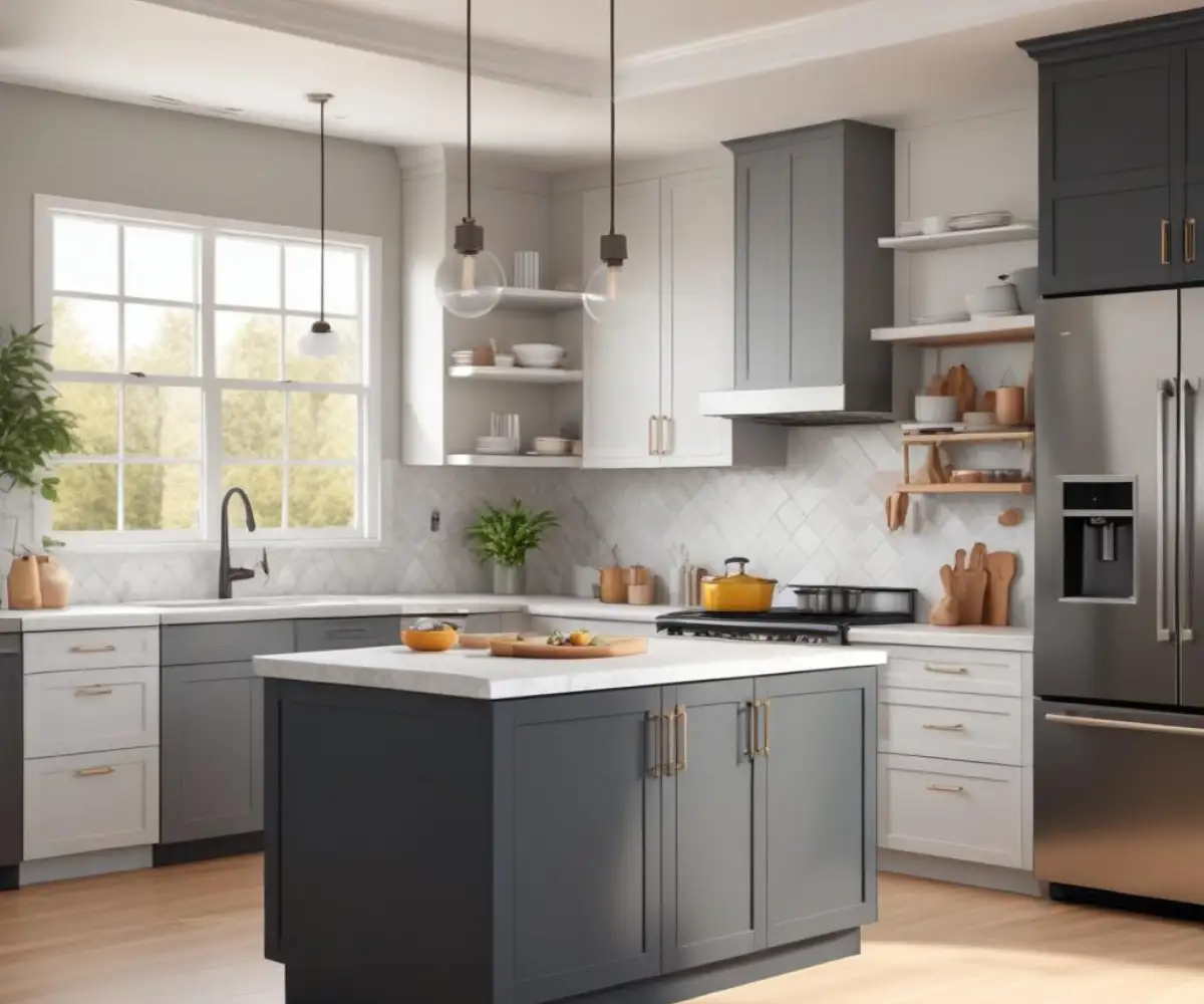 A bright, modern kitchen showcasing two different styles of shaker cabinets, one in white and the other in a dark gray on the island.