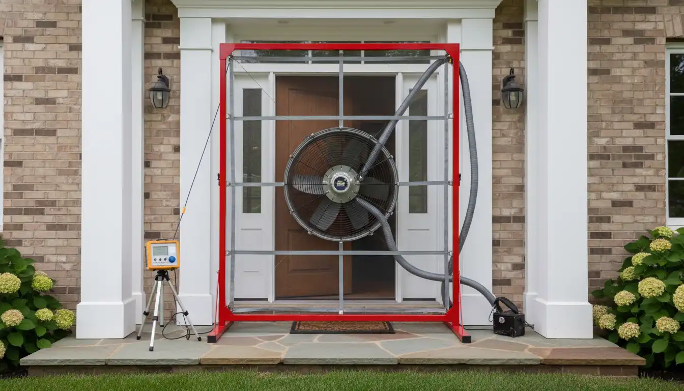 Blower door test equipment with a red frame and flexible panel installed in a home's exterior doorway.