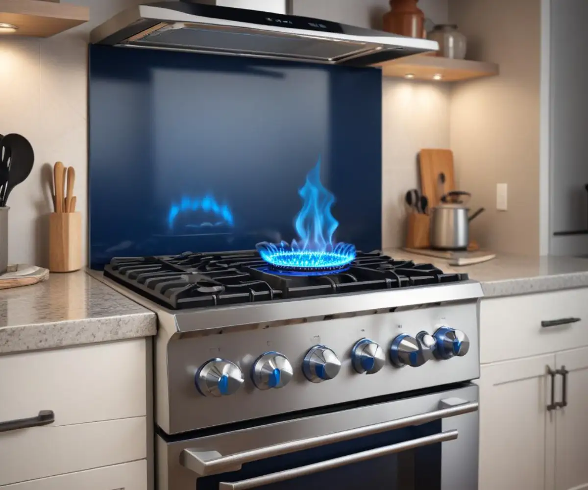 A close-up of a stainless steel gas stove's burner with a blue flame, set in a modern kitchen with granite countertops.
