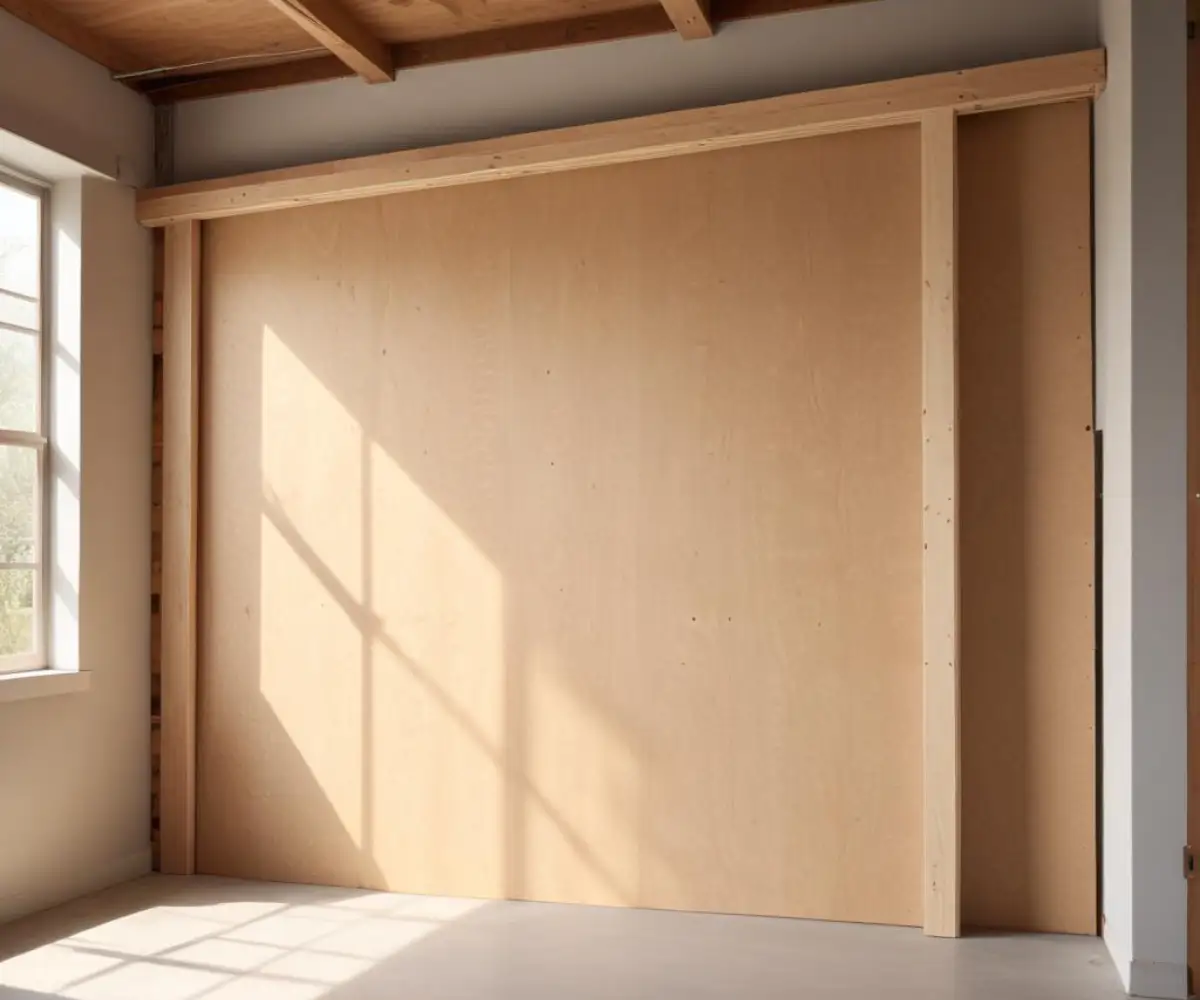 A partially constructed wooden frame for a false wall inside a residential garage, with the garage door visible behind it.