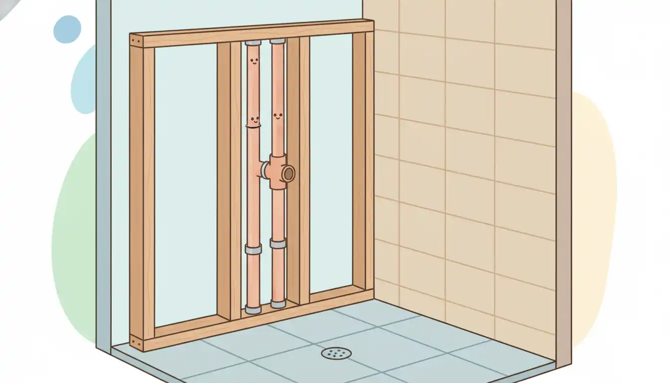 A tiled shower interior showing a newly framed furring wall built to hide vertical copper plumbing pipes before the final wall covering is installed.