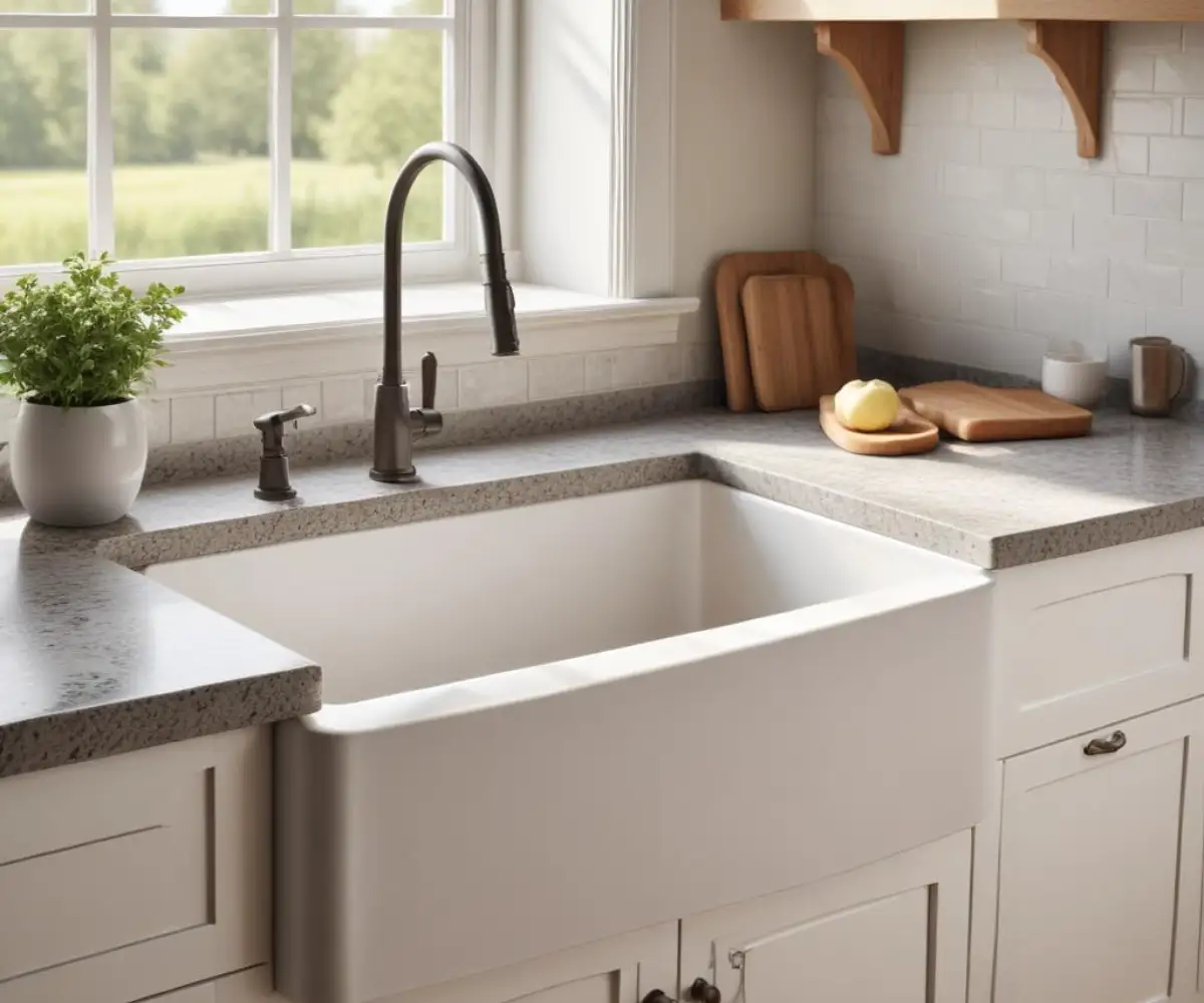 White apron-front farmhouse sink with a clean, minimal granite countertop overhang.