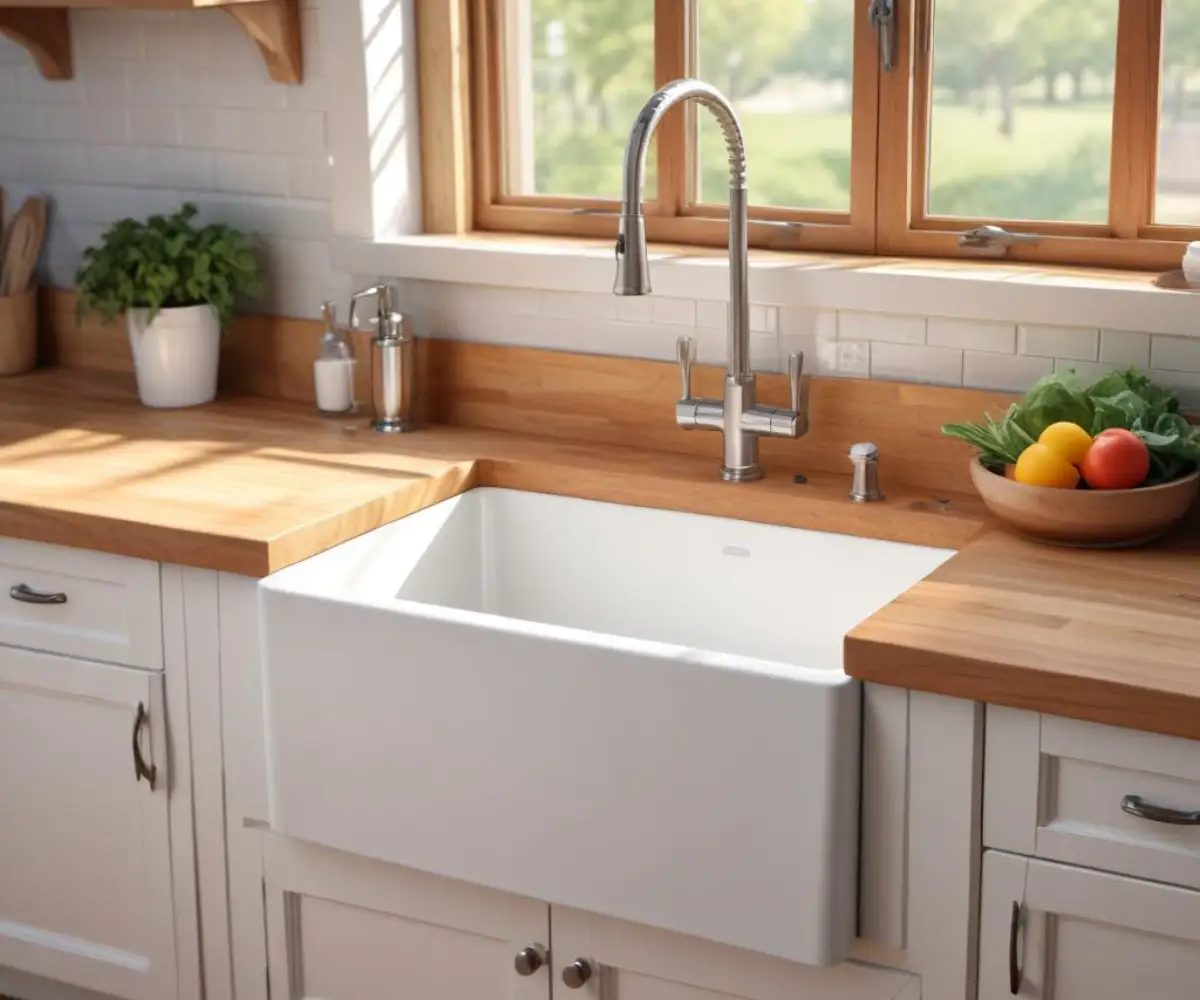 White apron-front farmhouse sink installed in a butcher block countertop next to a stainless steel dishwasher.