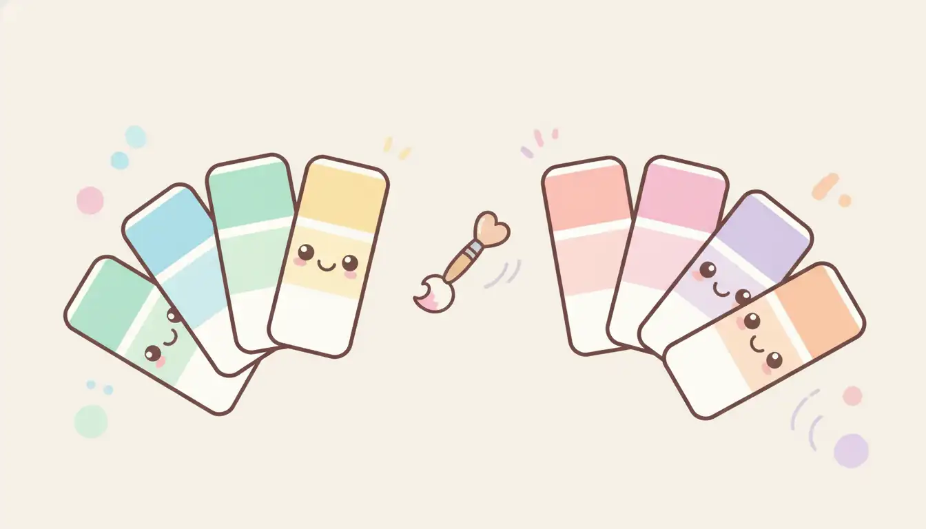 Assortment of colorful paint color swatch samples fanned out on a neutral background.