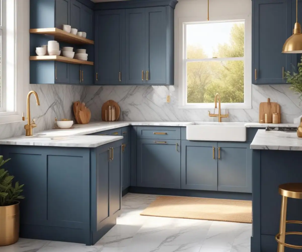 A cozy kitchen with warm, blue-gray shaker-style cabinets, white marble countertops, and brushed brass hardware.