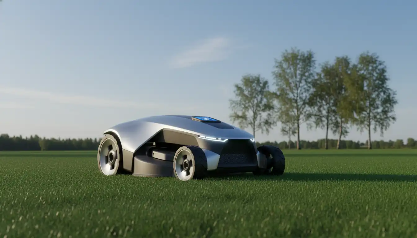 A modern, streamlined self-propelled lawn mower parked on a lush green lawn.