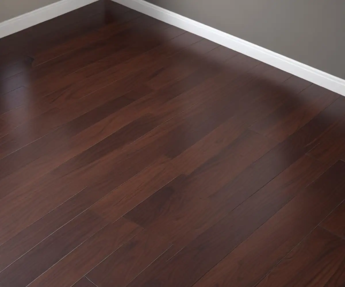 A high-angle view of a glossy, reflective dark hardwood floor.