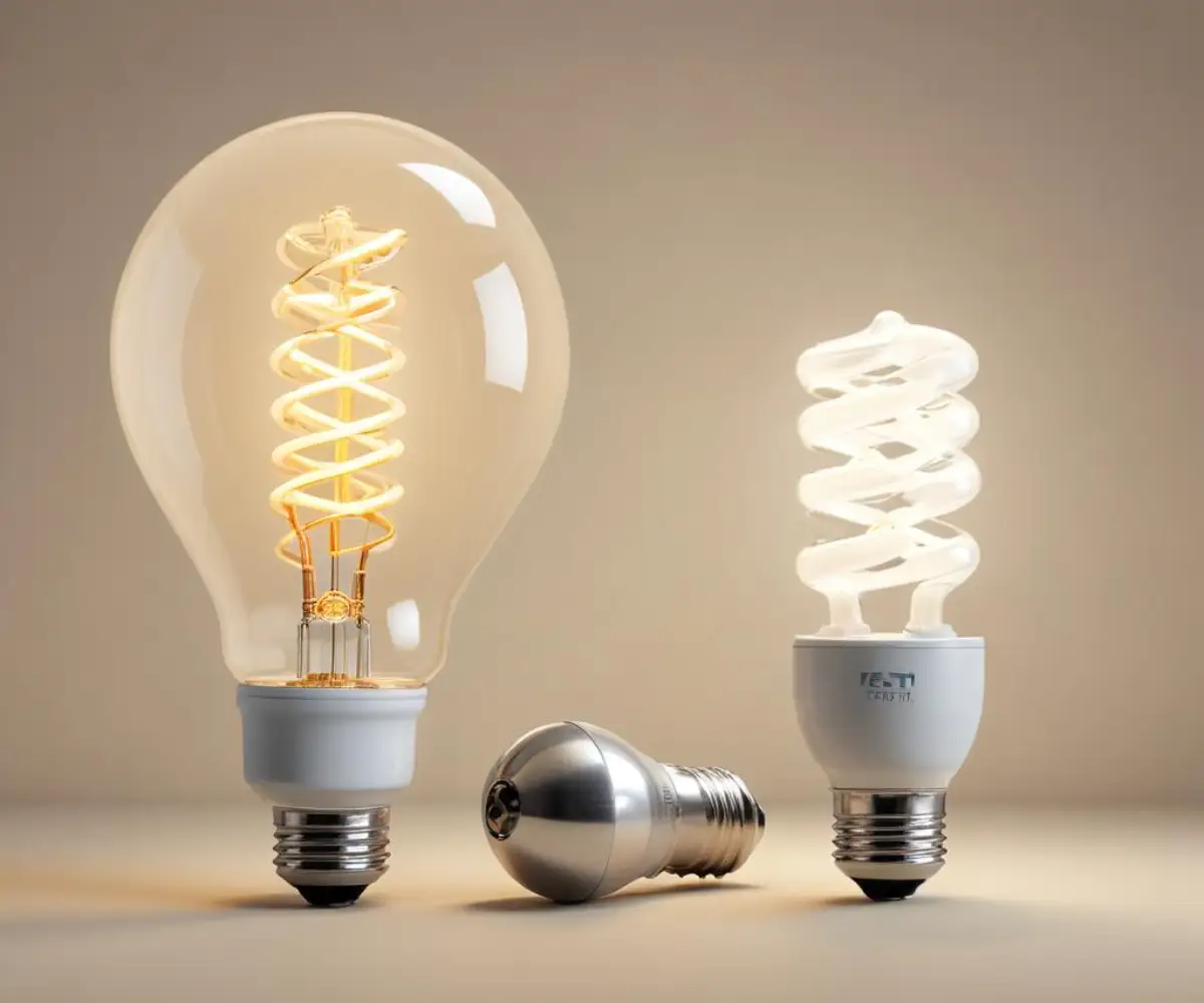 A close-up, side-by-side studio shot of an illuminated Feit Electric LED light bulb next to an illuminated Cree LED light bulb on a neutral, solid-colored background.
