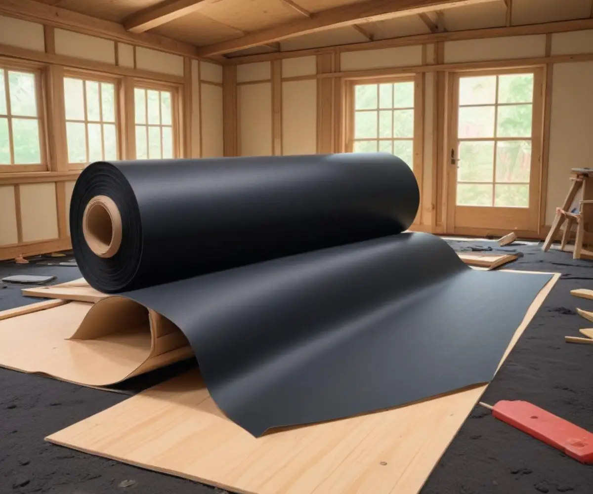 A roll of black asphalt-saturated felt paper partially laid out over a plywood subfloor in a room under construction.
