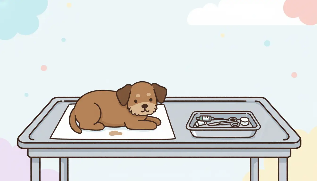 A sterile veterinary examination table with medical instruments neatly arranged on a tray beside it.