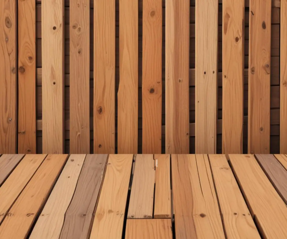 A close-up shot of overlapping wooden fence boards next to grooved composite deck boards.
