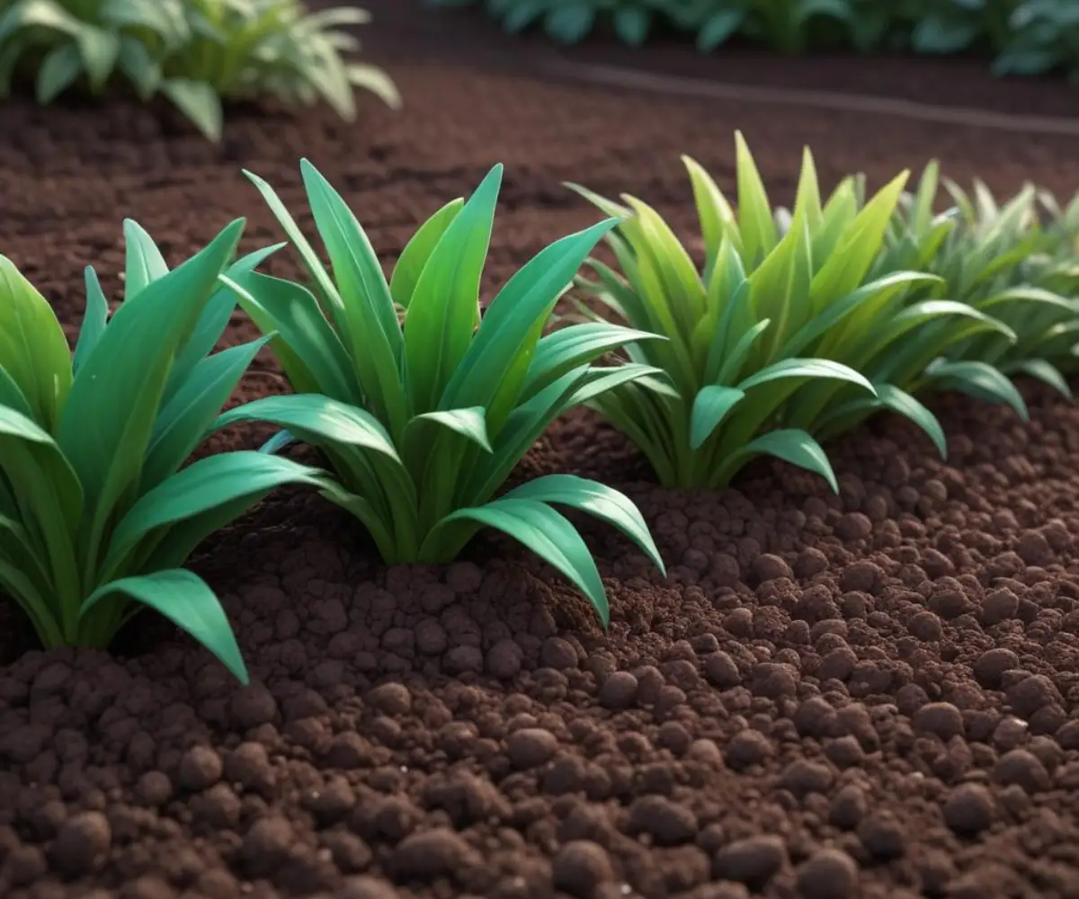 Close-up of slow-release fertilizer strips placed in dark, rich garden soil next to the base of a plant.