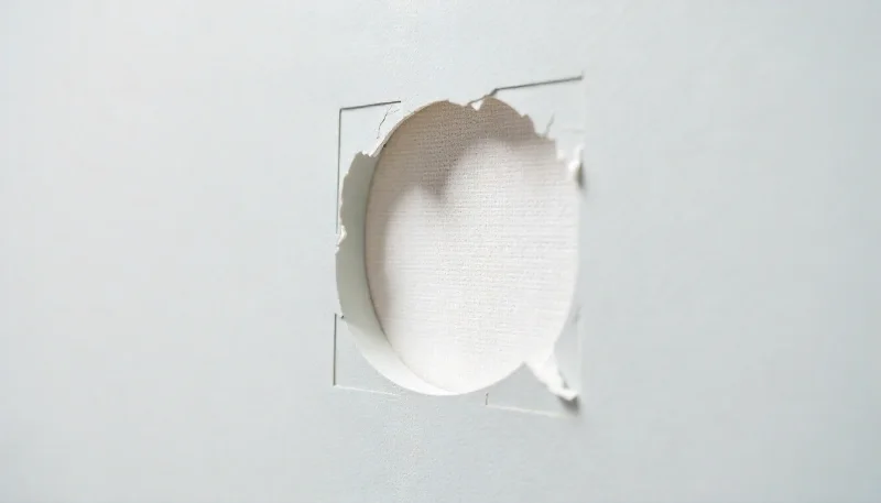 A close-up of a white, self-adhesive, fiberglass mesh patch applied over a hole in a light-gray painted drywall.