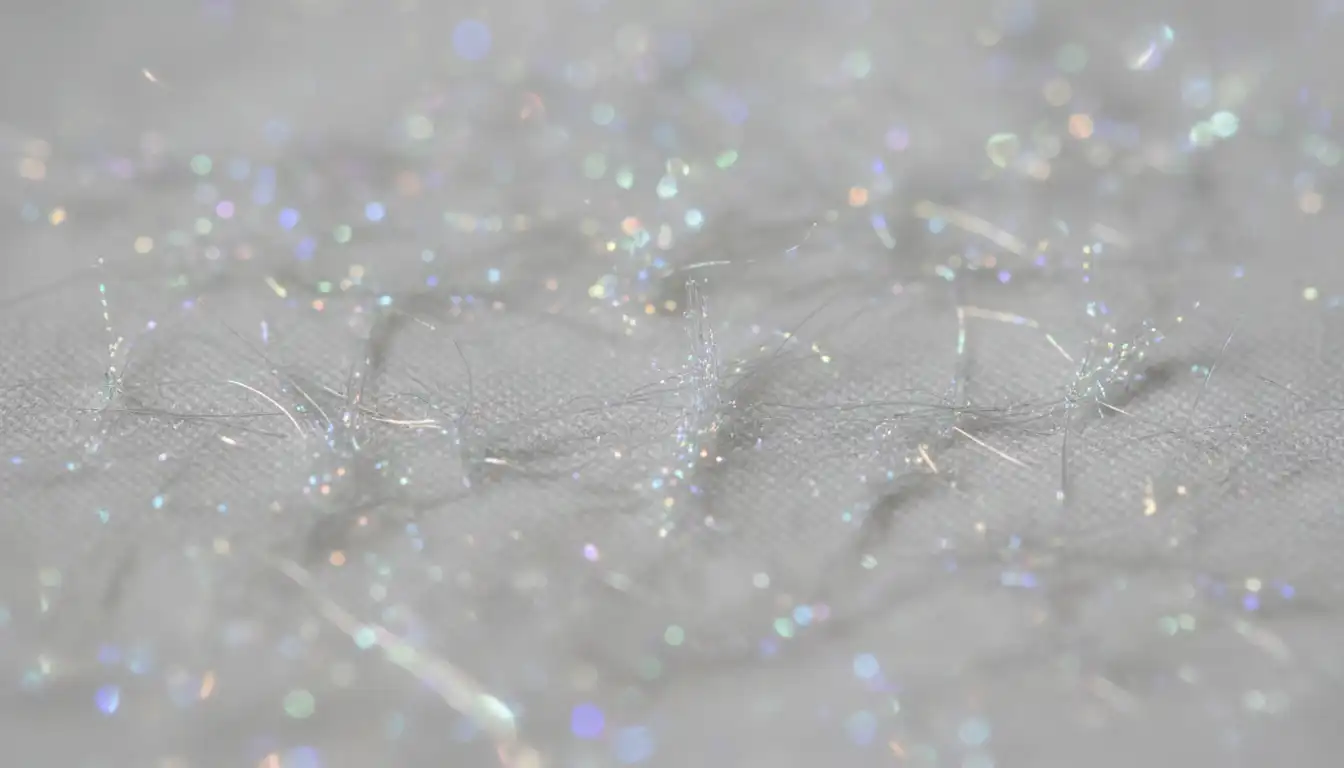 Close-up of fine, shimmering glass fibers scattered on a plain white fabric surface.