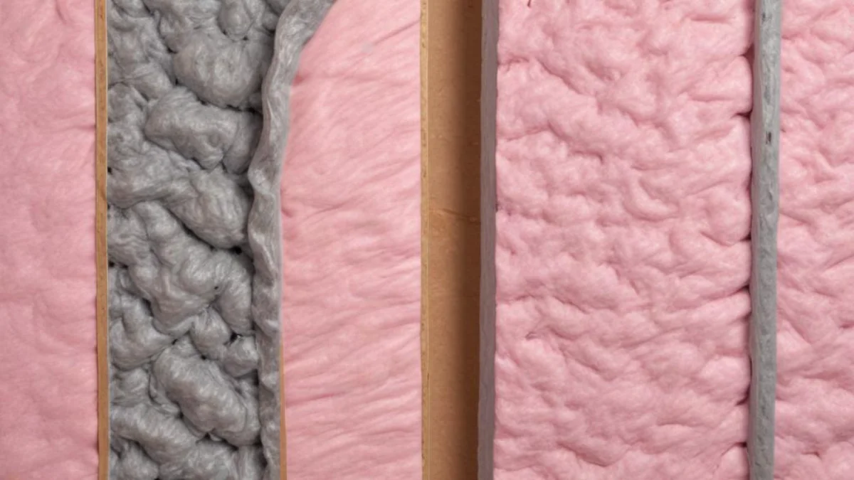 A side-by-side comparison of pink fiberglass batt insulation and gray loose-fill cellulose insulation.